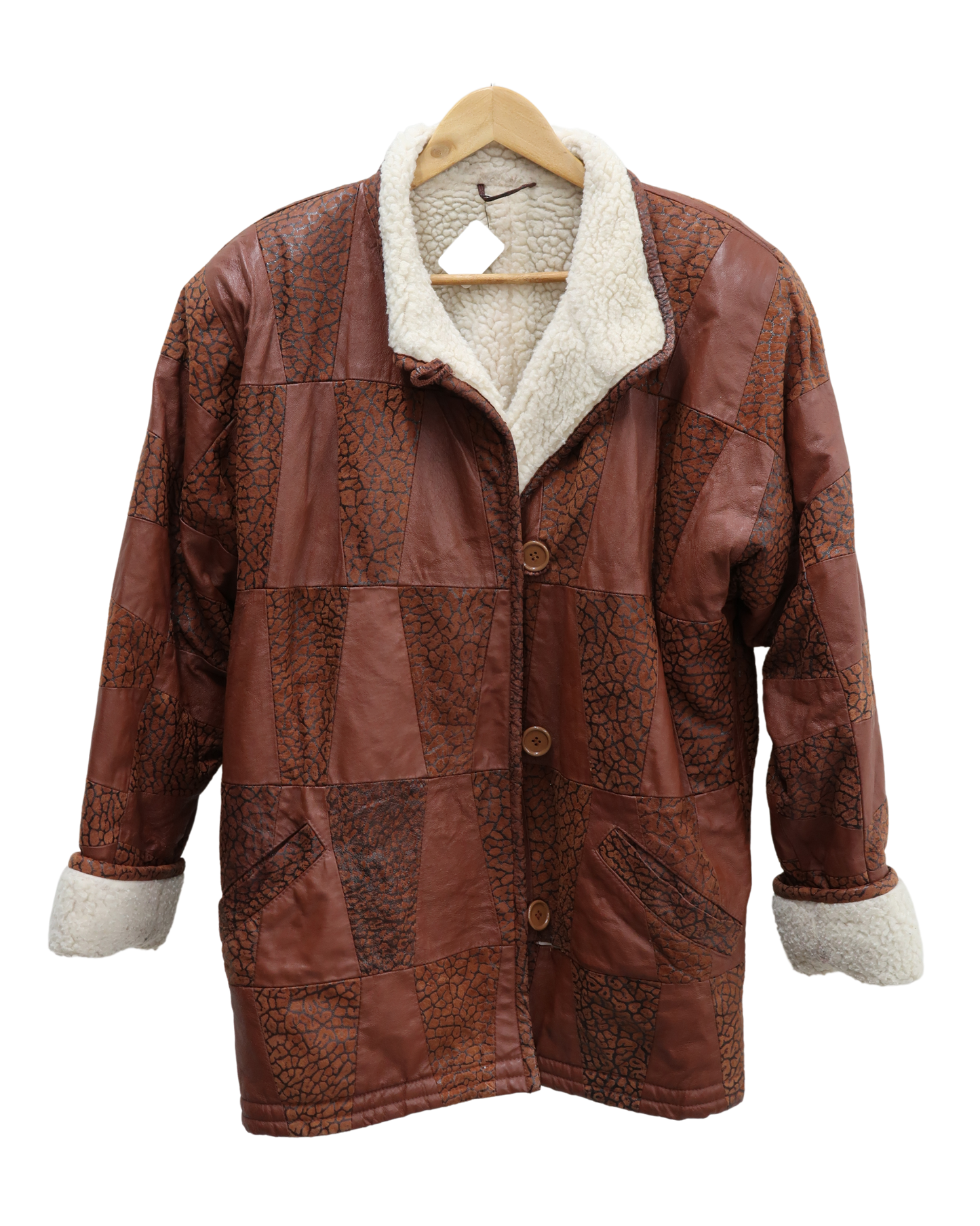 Manteau en en cuir marron avec moumoute blanche - XL