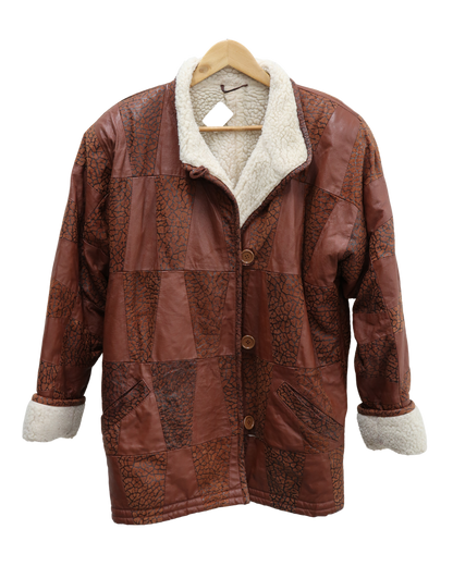 Manteau en en cuir marron avec moumoute blanche - XL