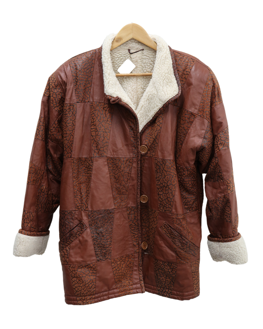 Manteau en en cuir marron avec moumoute blanche - XL