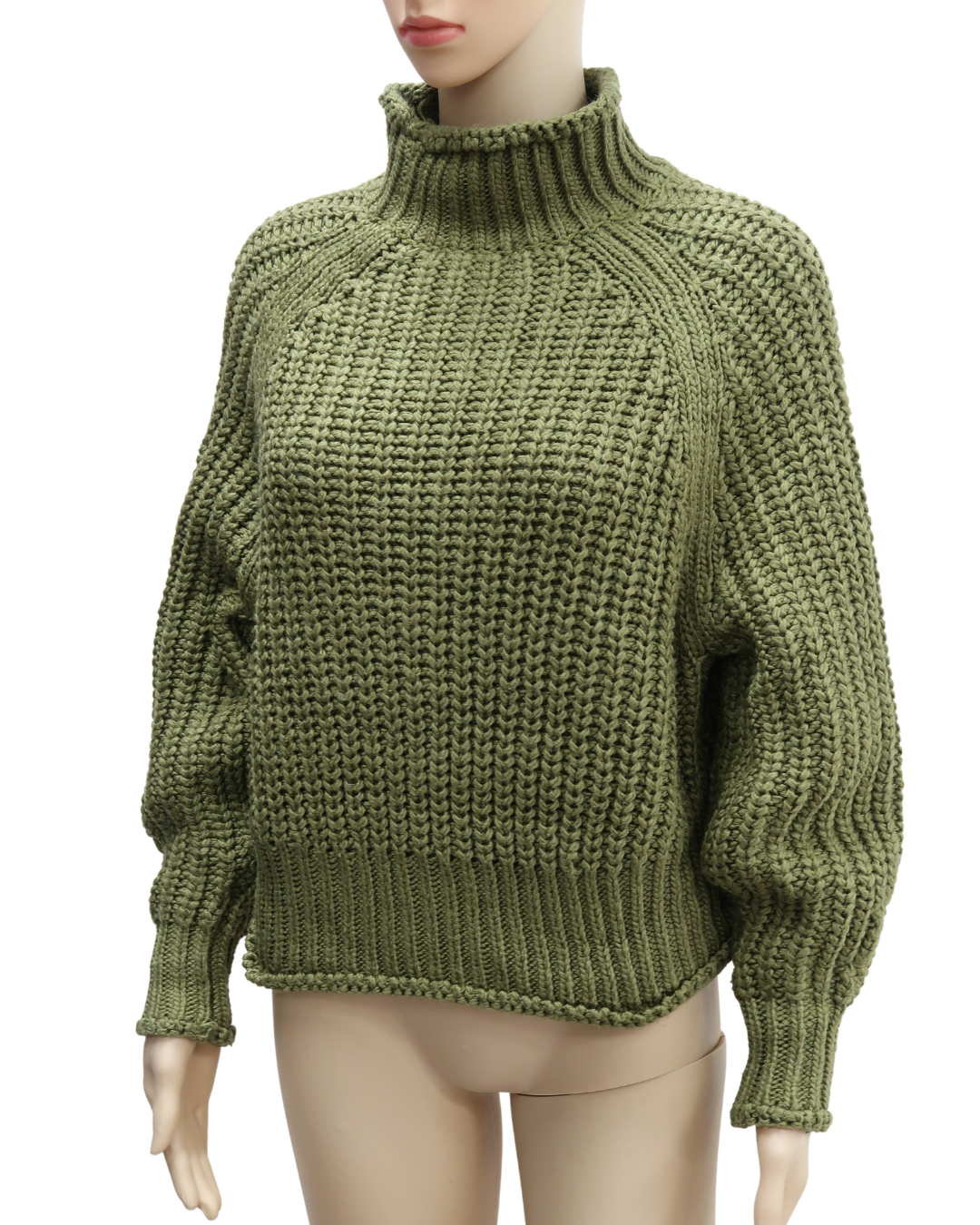 Pull col montant en laine maillé vert khaki - H&M - S