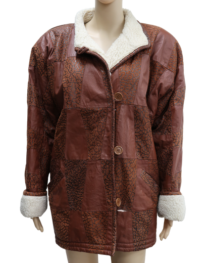 Manteau en en cuir marron avec moumoute blanche - XL