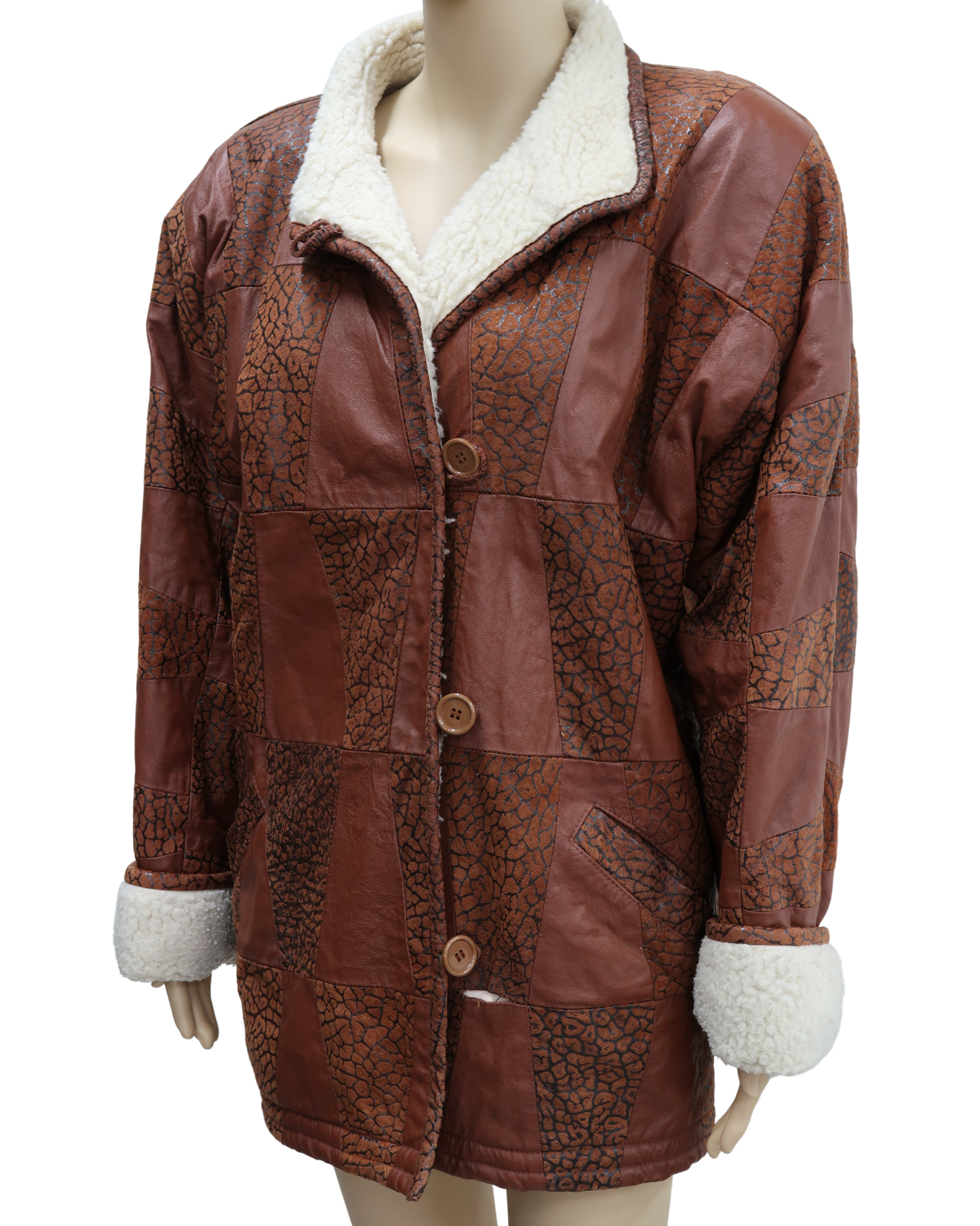 Manteau en en cuir marron avec moumoute blanche - XL