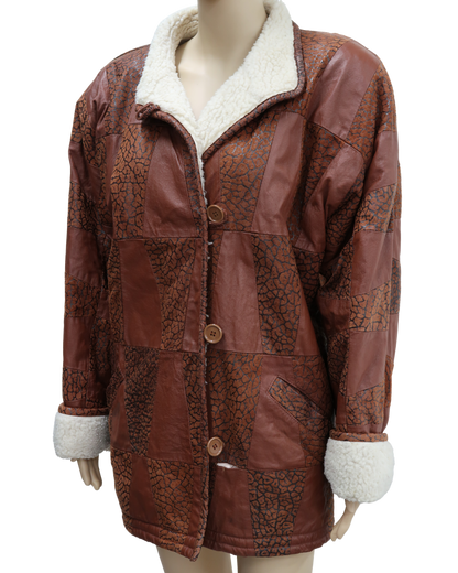 Manteau en en cuir marron avec moumoute blanche - XL