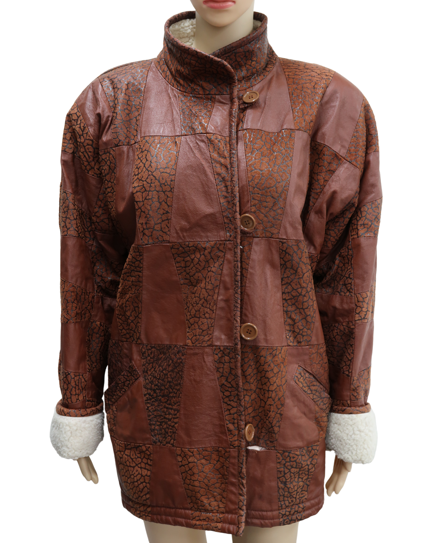 Manteau en en cuir marron avec moumoute blanche - XL