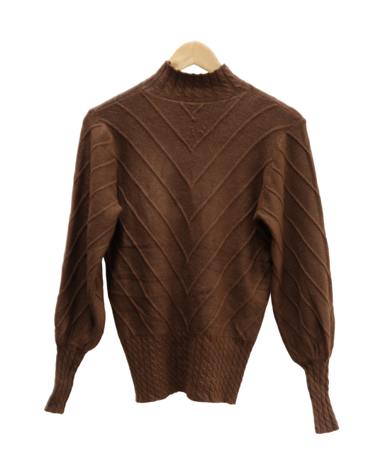 Pull col montant marron chocolat à motifs - S