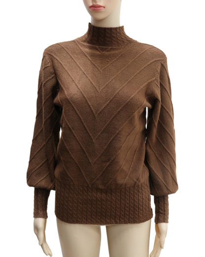 Pull col montant marron chocolat à motifs - S