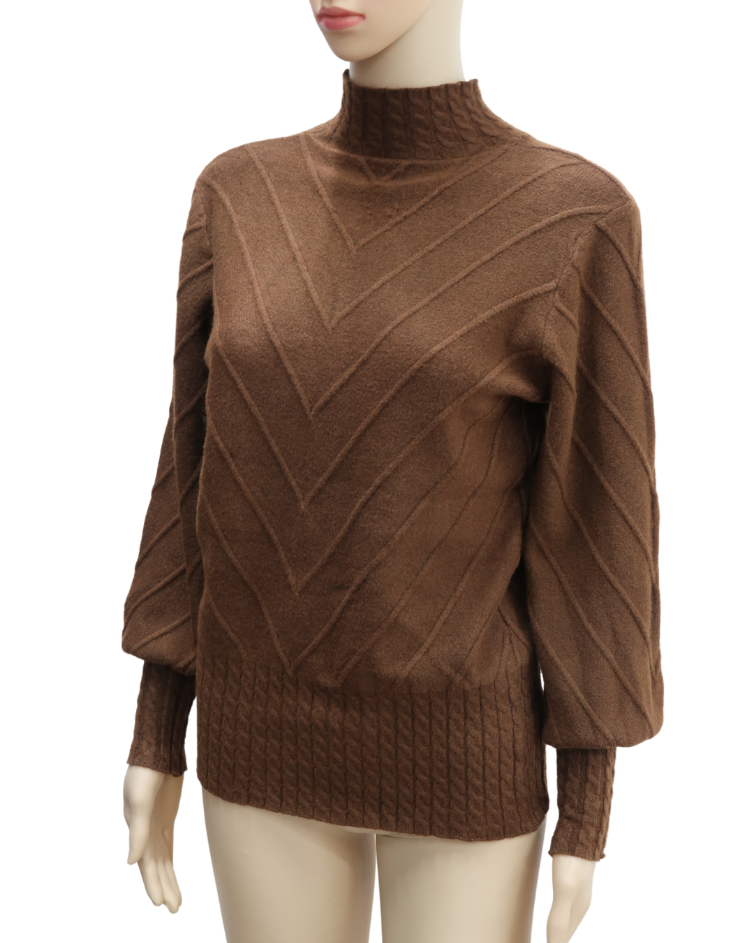 Pull col montant marron chocolat à motifs - S