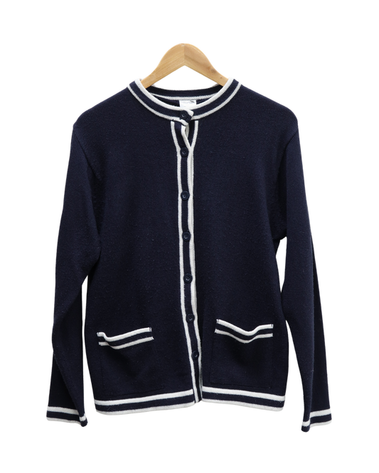 Cardigan en laine bleu marine et blanc - Anne de Lancay - L/XL