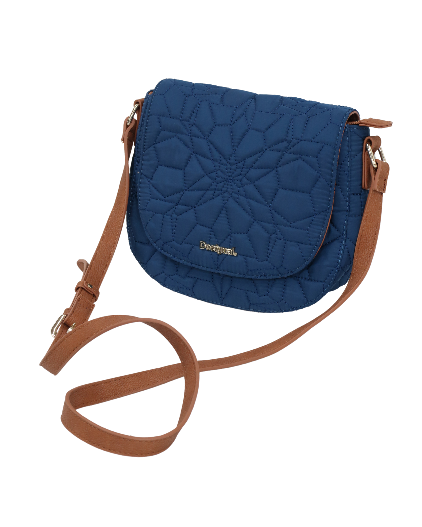 Sac à bandoulière tissu matelassé bleu lanière cuir - Desigual