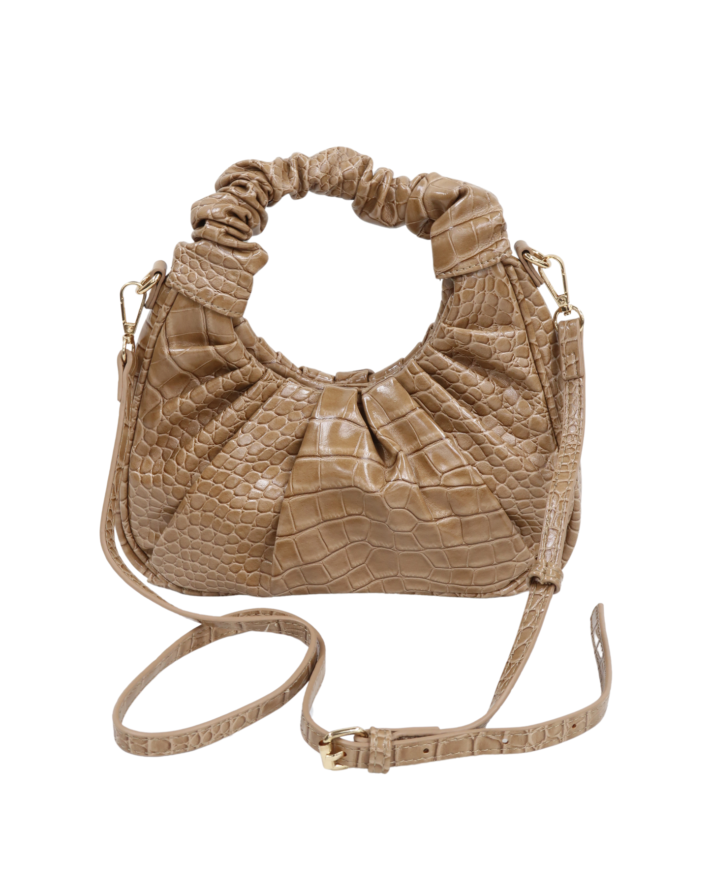 Sac à main avec fine bandoulière motif croco beige