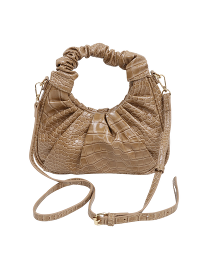 Sac à main avec fine bandoulière motif croco beige