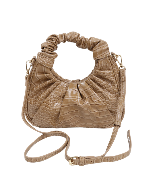 Sac à main avec fine bandoulière motif croco beige