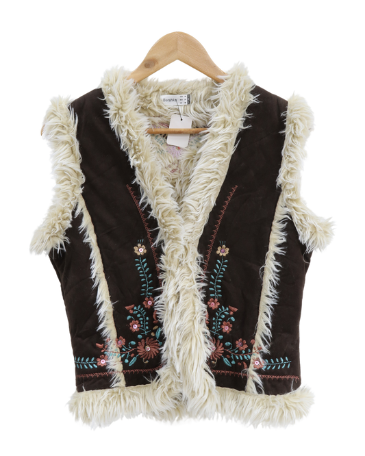 Veste motifs fleuris marron avec fourrure beige - Bershka - M