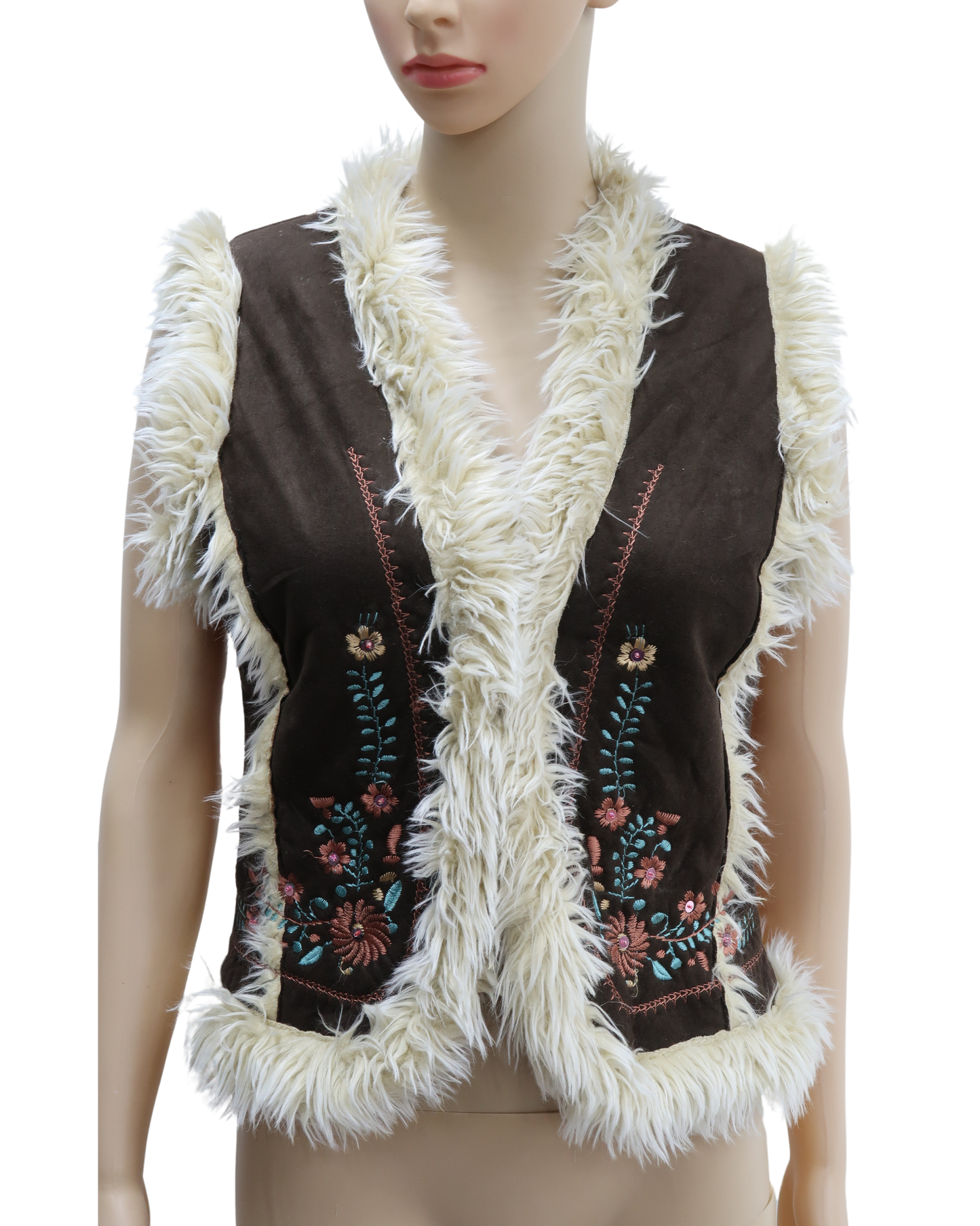 Veste motifs fleuris marron avec fourrure beige - Bershka - M