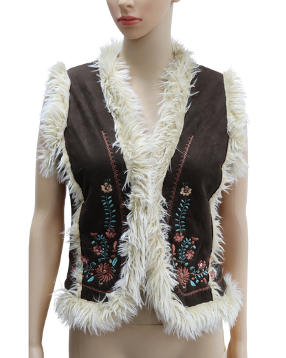 Veste motifs fleuris marron avec fourrure beige - Bershka - M