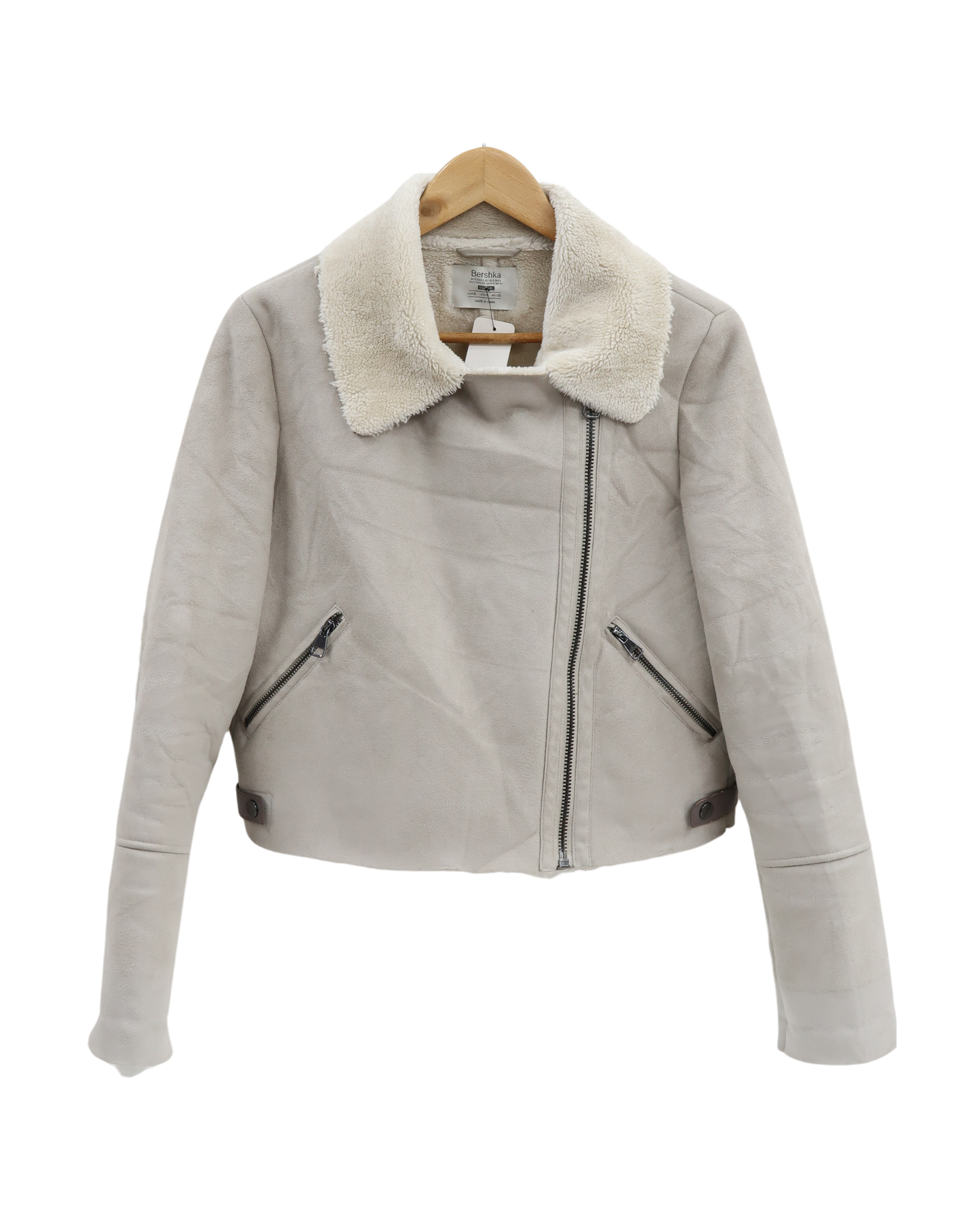 Manteau crop gris clair avec moumoute Beige - Bershka - S