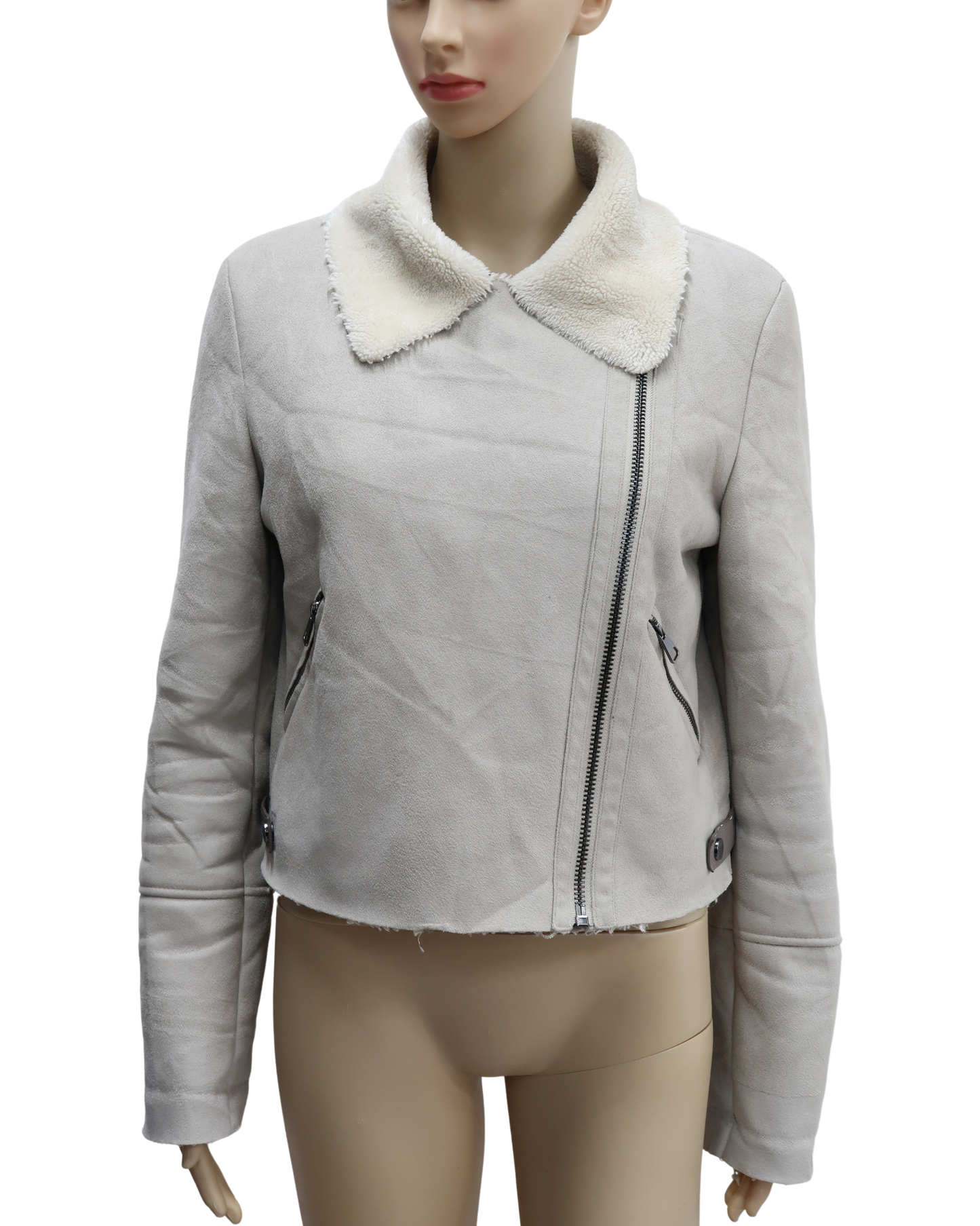 Manteau crop gris clair avec moumoute Beige - Bershka - S