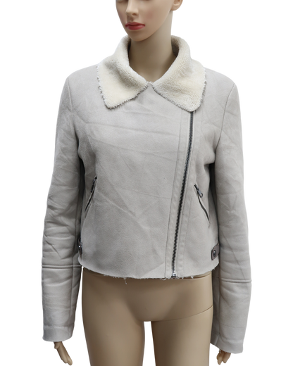 Manteau crop gris clair avec moumoute Beige - Bershka - S