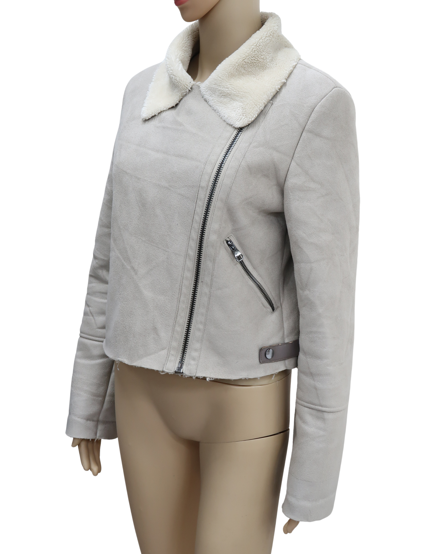 Manteau crop gris clair avec moumoute Beige - Bershka - S