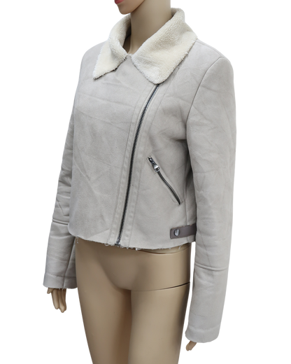 Manteau crop gris clair avec moumoute Beige - Bershka - S