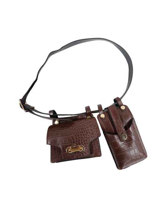 Ceinture avec des petites pochettes marron effet cuir & peau de crocodile