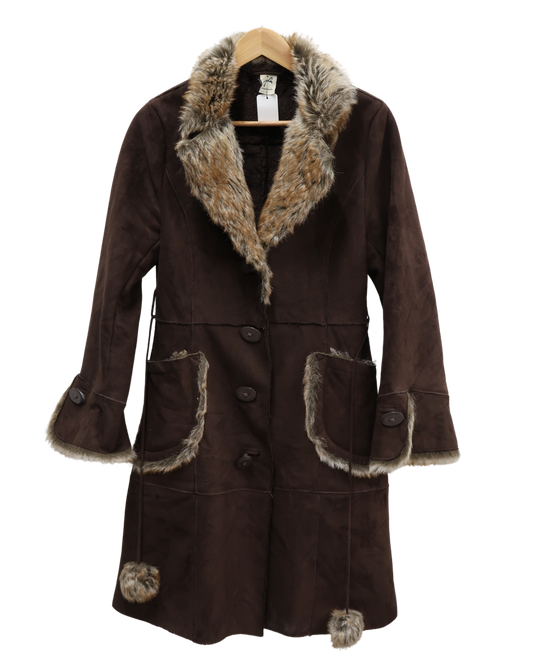 Manteau long en daim marron avec fourrure - Jacqueline Riu - S/M