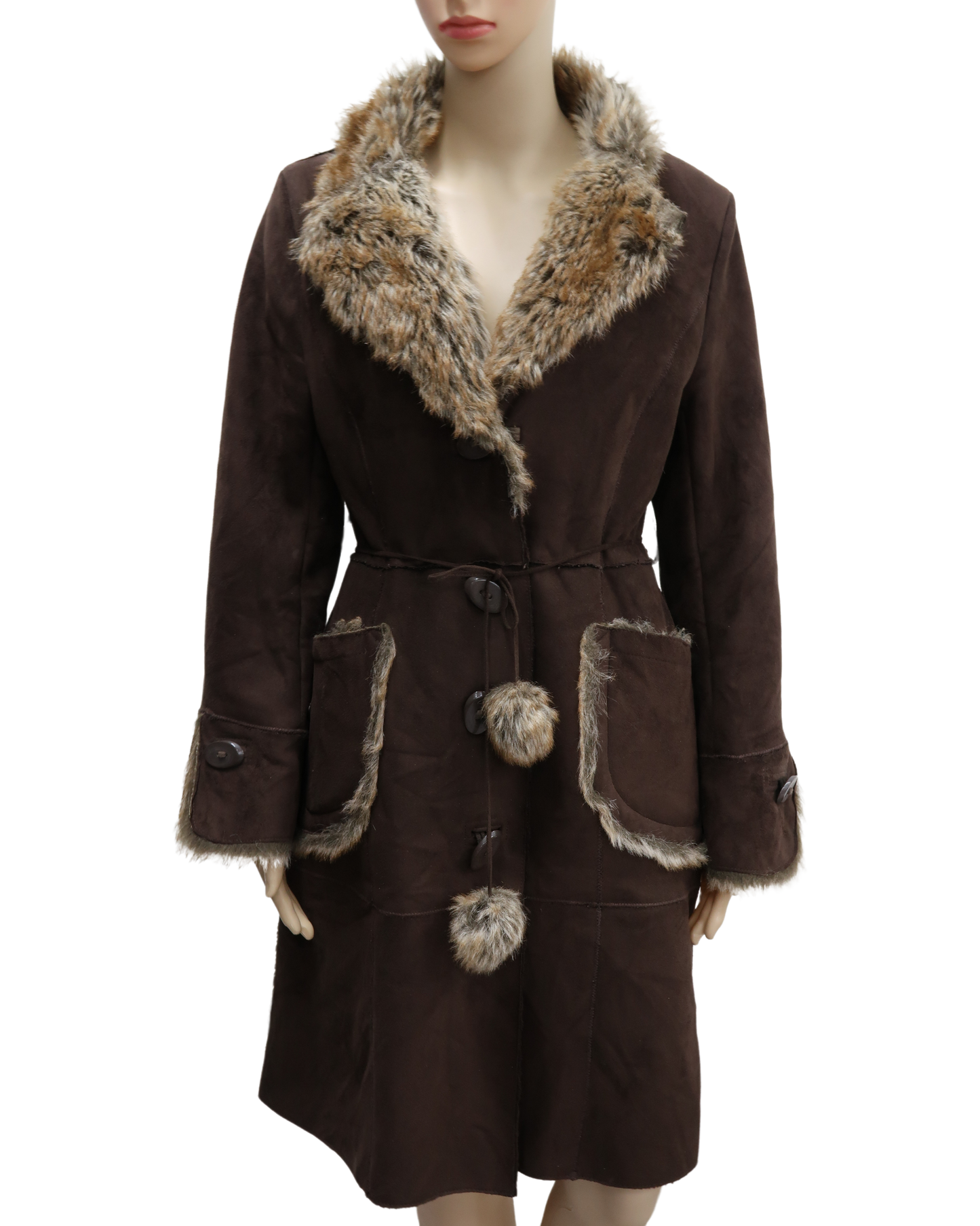 Manteau long en daim marron avec fourrure - Jacqueline Riu - S/M