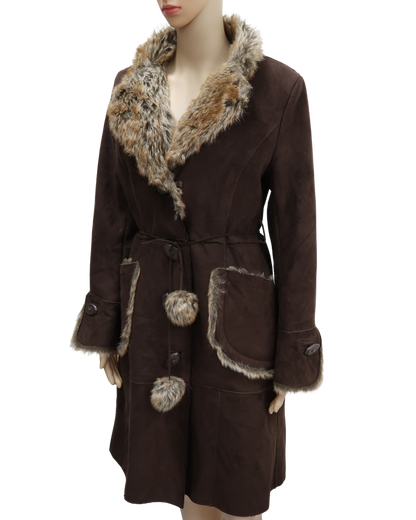 Manteau long en daim marron avec fourrure - Jacqueline Riu - S/M